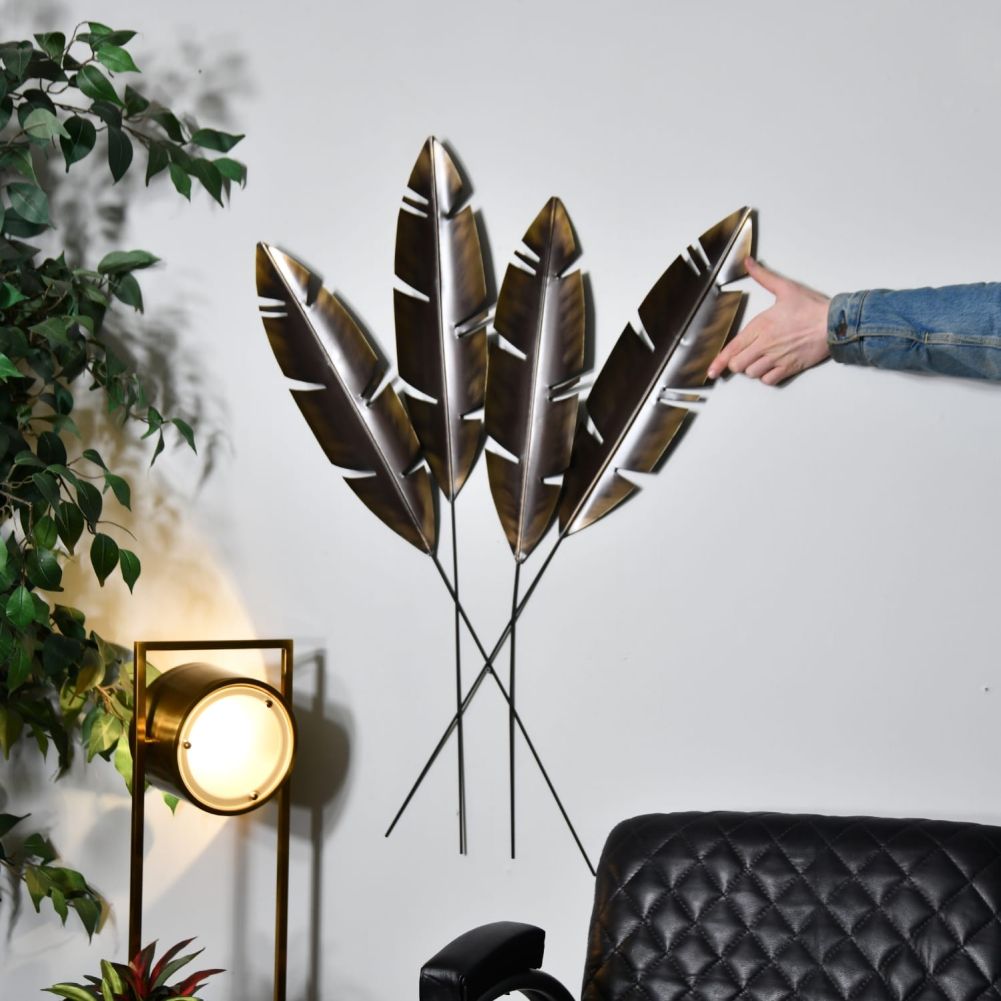 Antique Bronze Feathers Wall Art With Hand For Scale