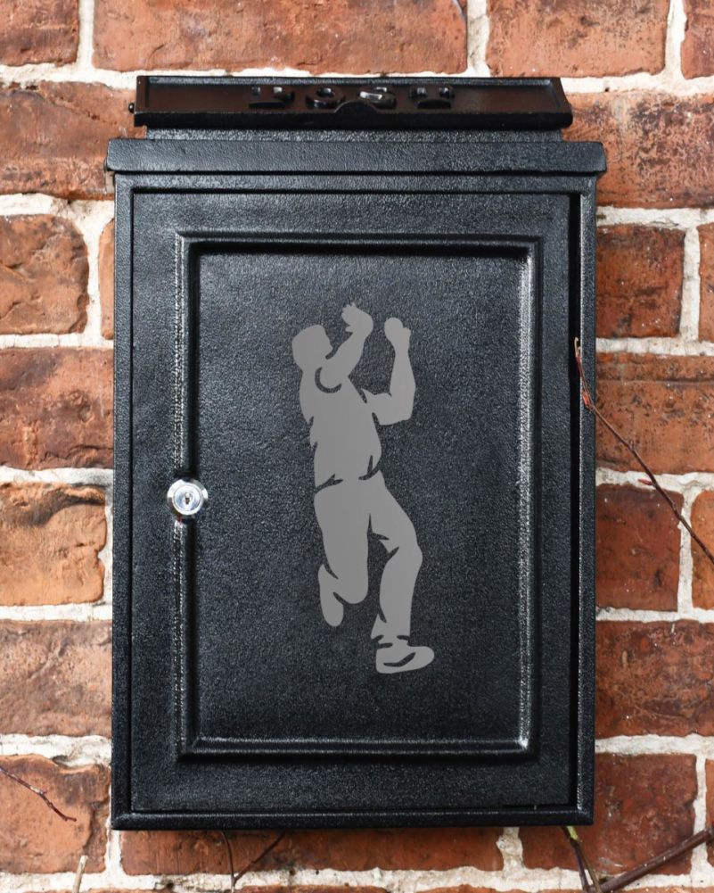 Wall Mounted Post Box With Grey Cricket Bowler Motif
