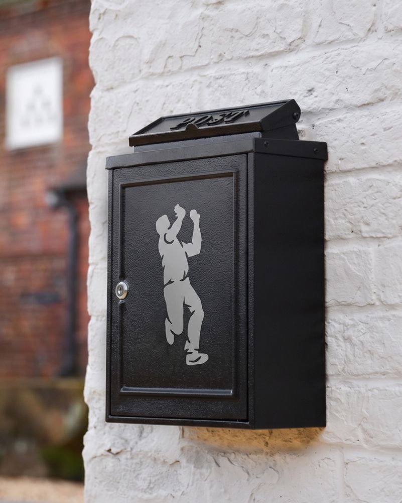 Wall Mounted Post Box With Grey Cricket Bowler Motif Digital Illustration