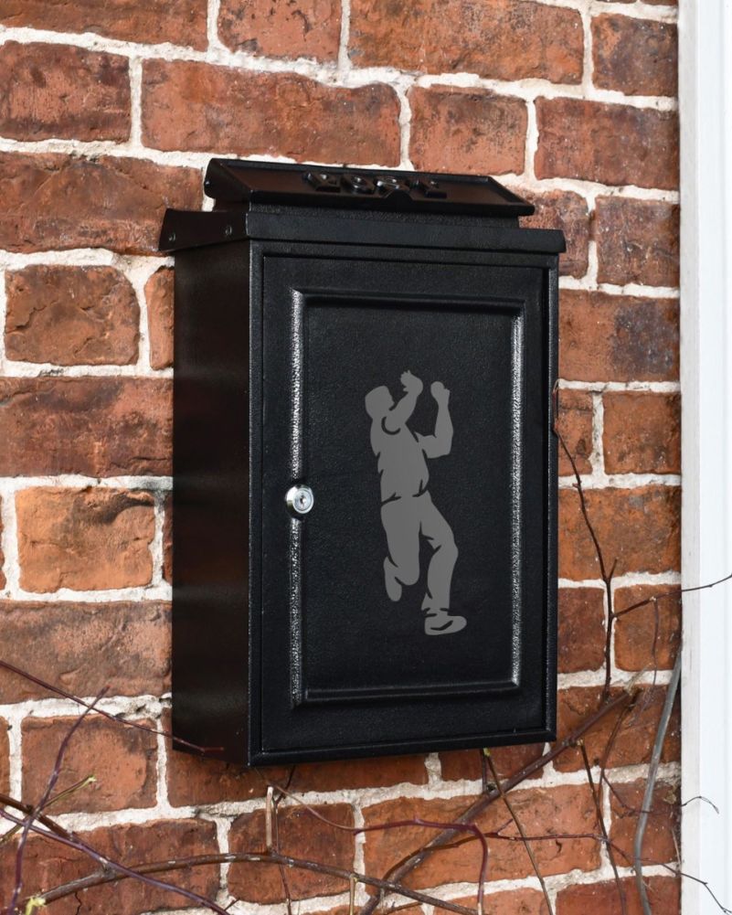 Wall Mounted Post Box With Grey Cricket Bowler Motif Lockable