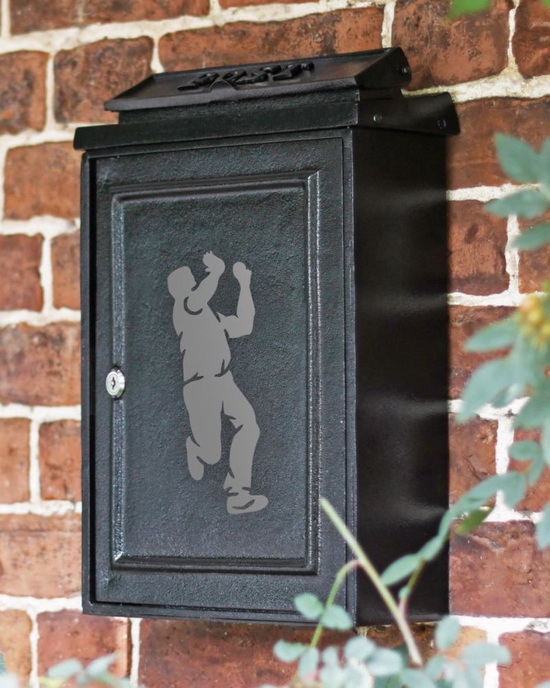 Wall Mounted Post Box With Grey Cricket Bowler Motif Side