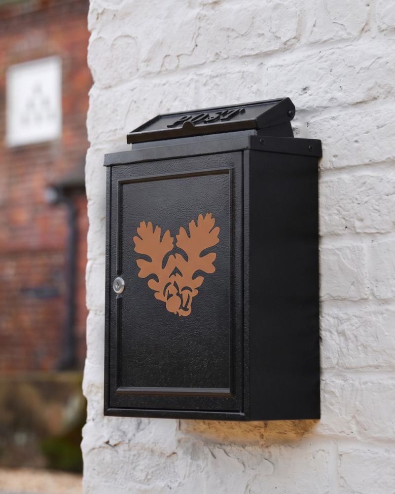 Wall Mounted Post Box With Rust Acorn Leaf Motif Digital Illustration