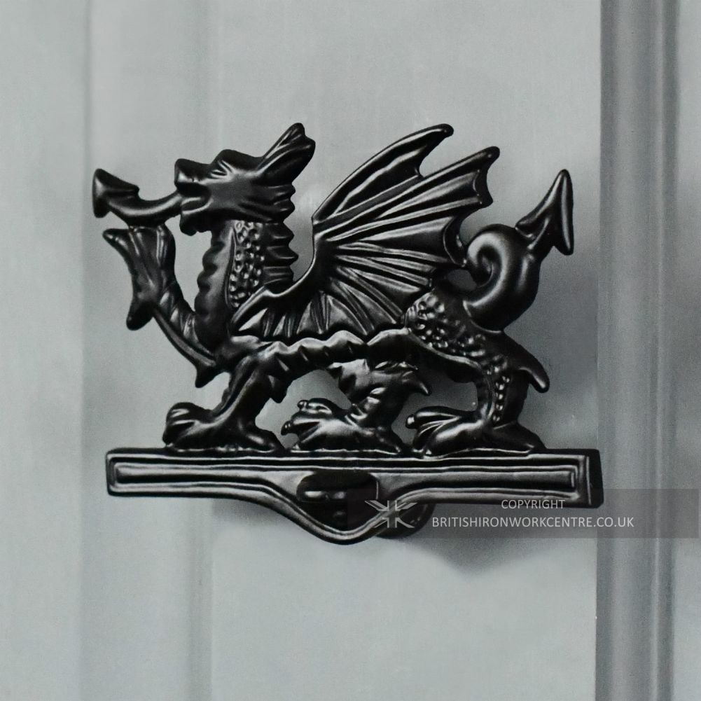 Welsh Dragon Door Knocker in Black Fitted To Grey Front Door
