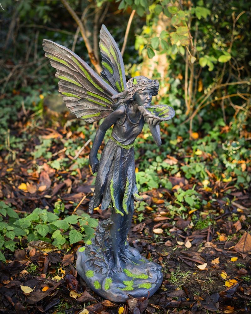 'Whispering Grace' Aged Verdigris Resin Fairy Garden Sculpture Side On
