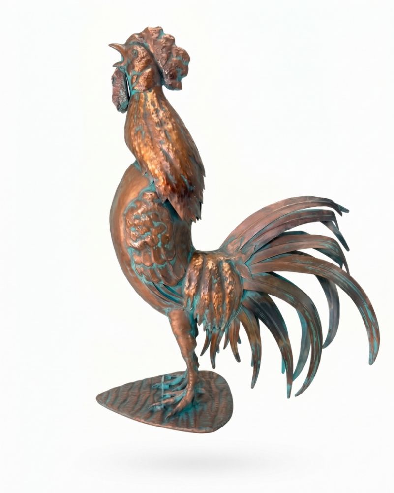 white background Bronze-Verdigris Sovereign Crowing Rooster Sculpture