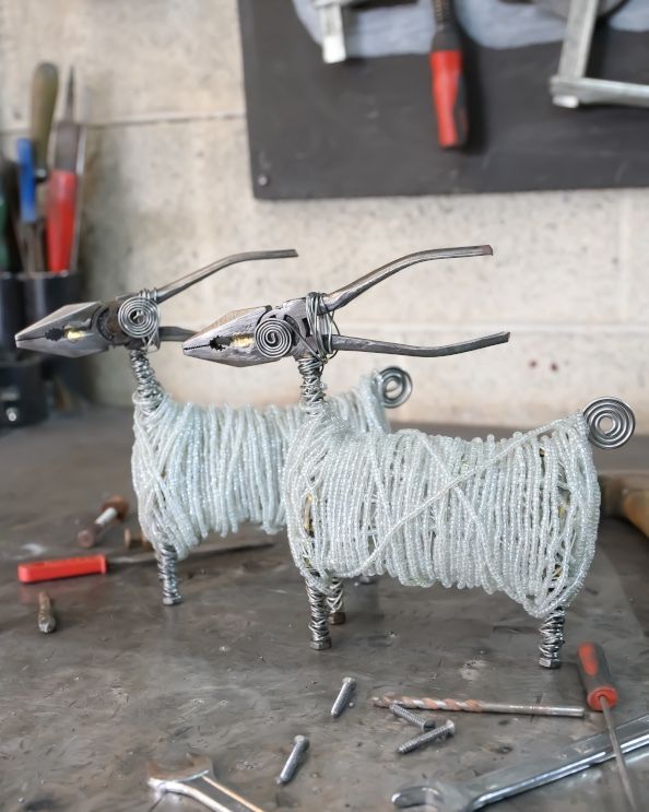 White Ram Scrap Metal Art Sculpture Pair