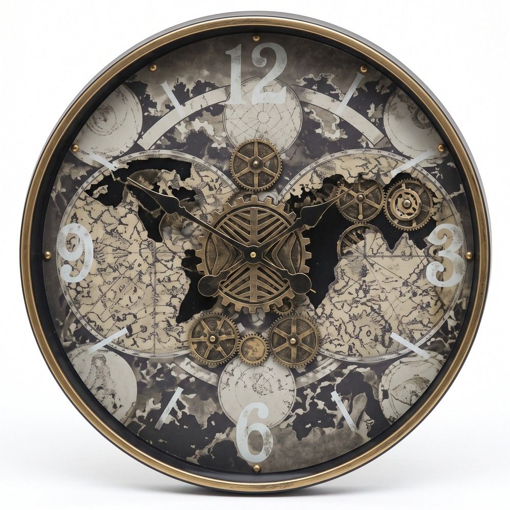 World Map Gear Wall Clock