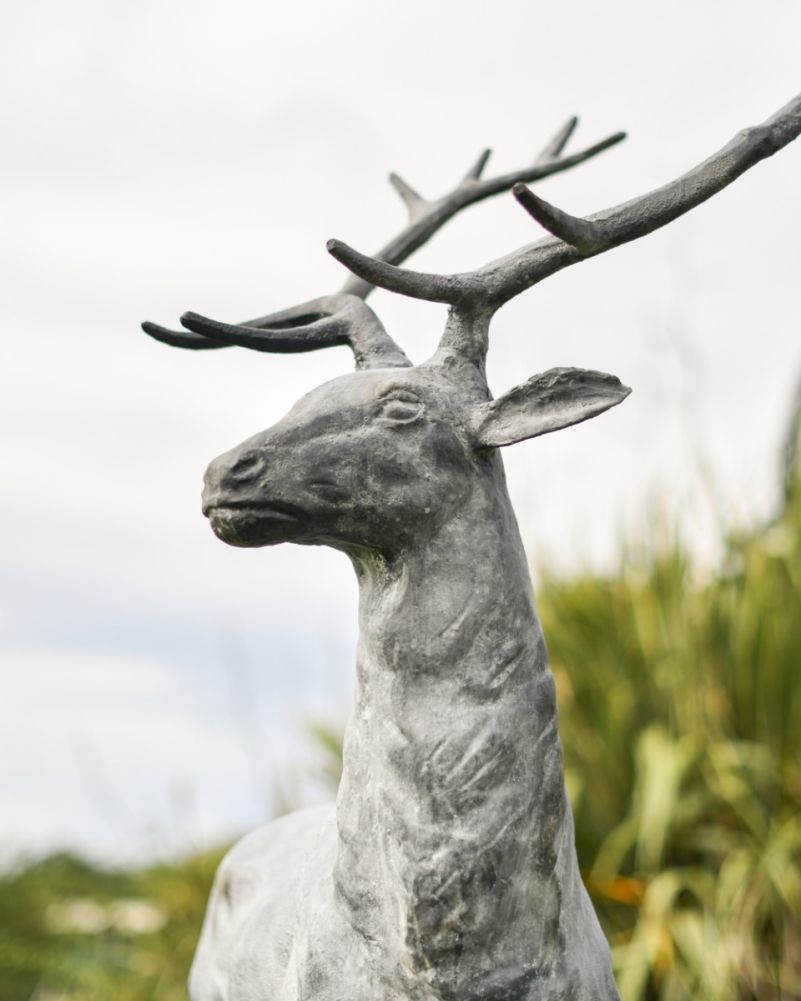 Zekin Lead Finished Cast Iron Stag Sculpture-Facing Right Side Of Face