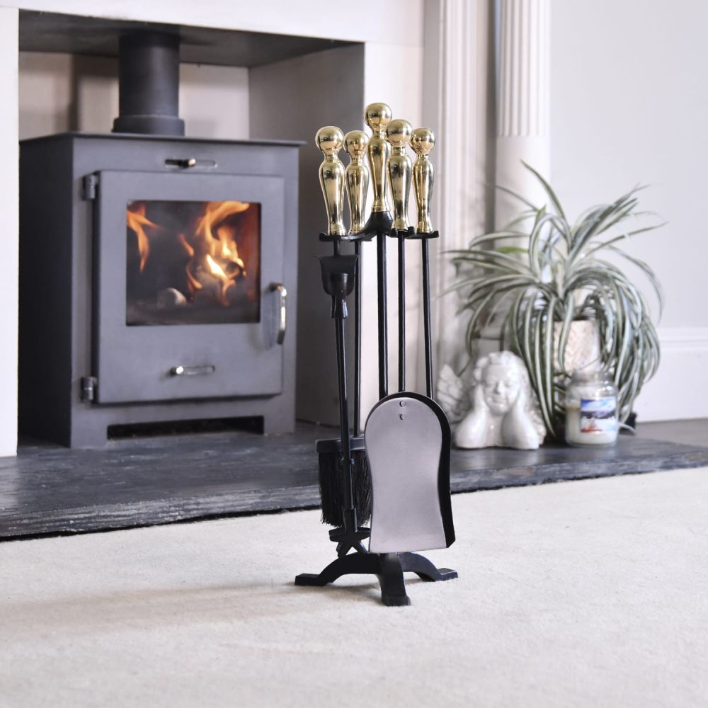 Polished Brass and Black Fireside Companion Set