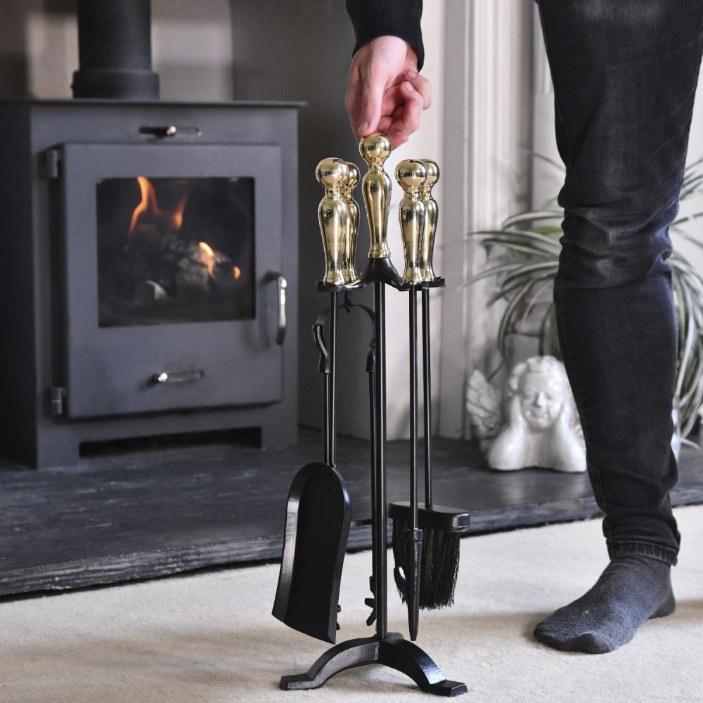 Polished Brass and Black Fireside Companion Set