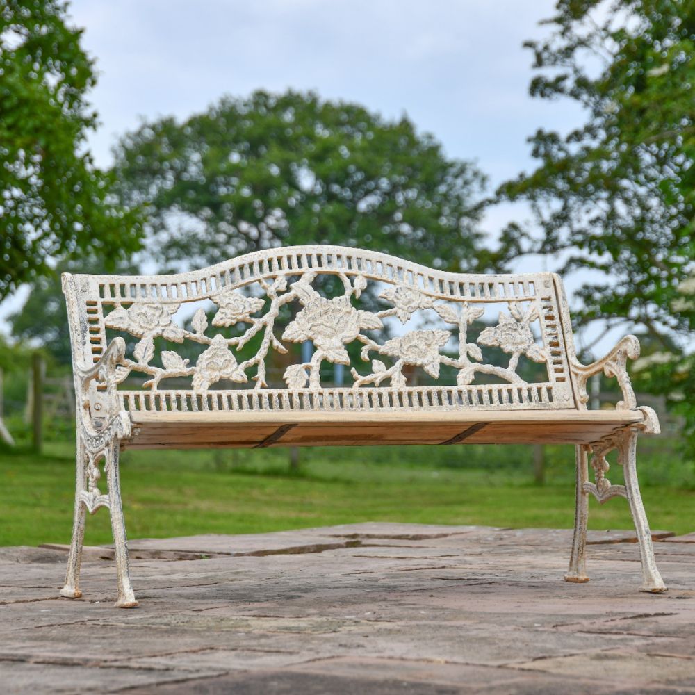 Cream Rose Cast Iron Wood Bench