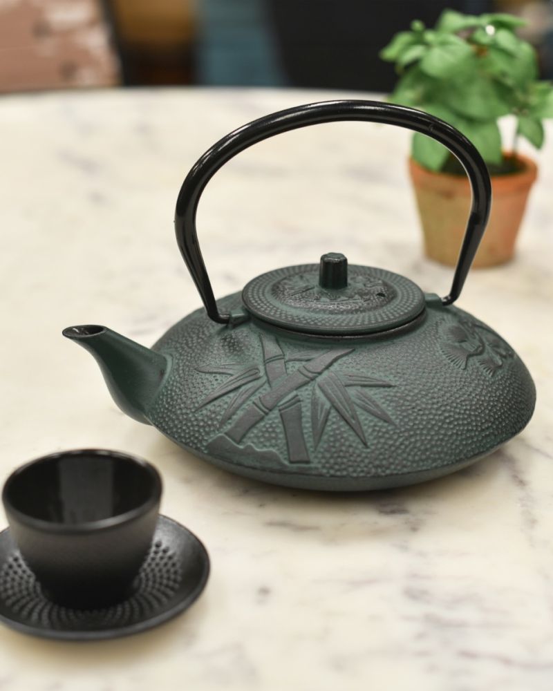 Detailed Cast Iron Dark Green Japanese Teapot