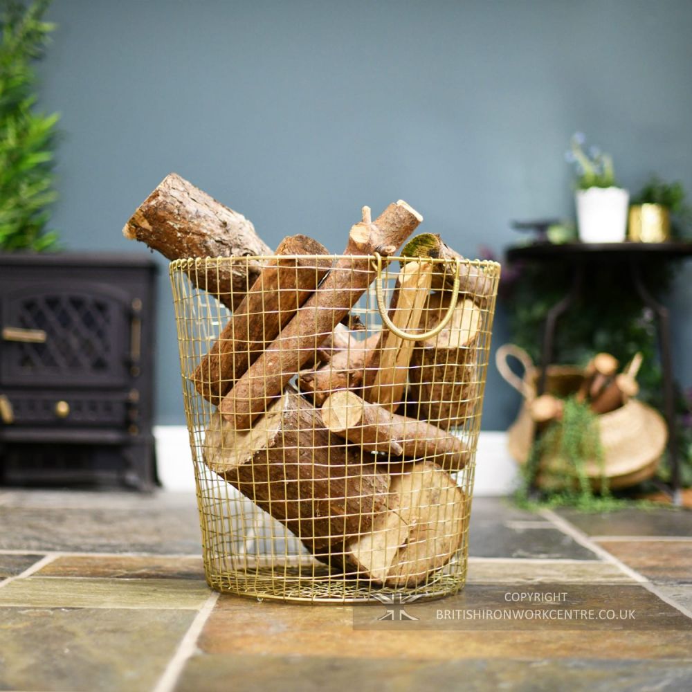 Large Brass Plated Wire Design Log Basket