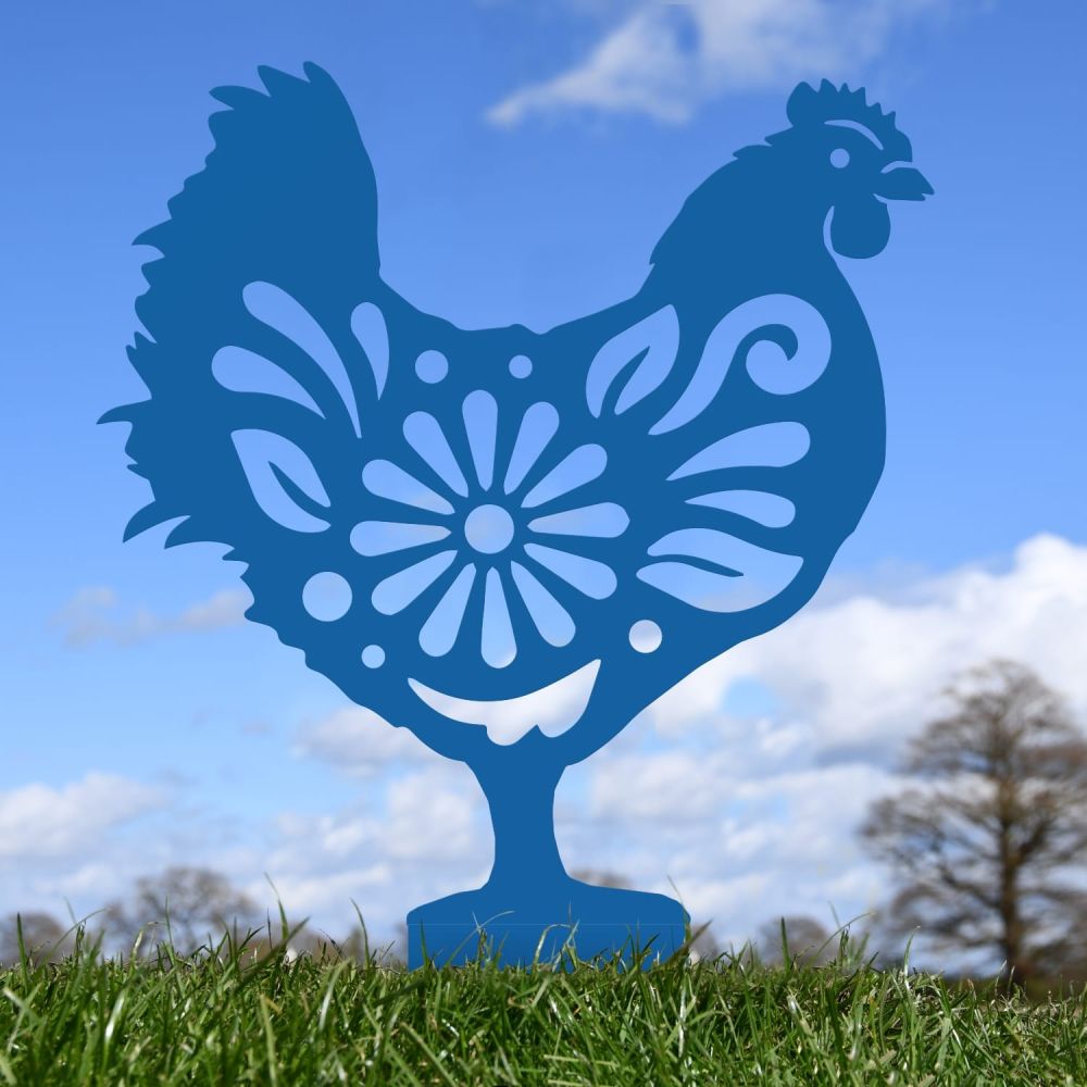 Blue Floral Hen Iron Silhouette