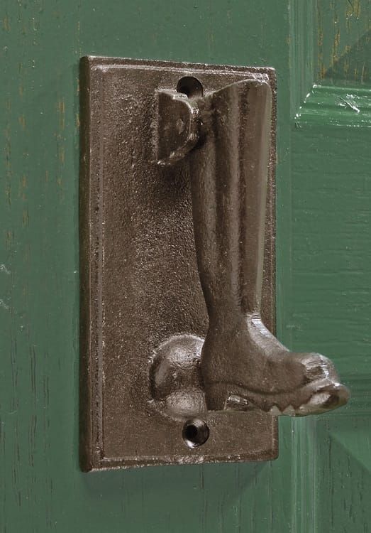 Rustic Brown Wellington Boot Door Knocker On Green Door 