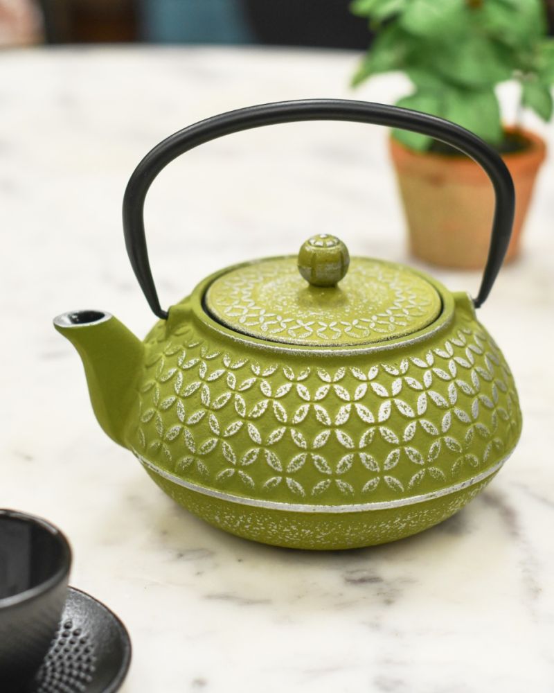 Silver And Green Cast Iron Japanese Teapot