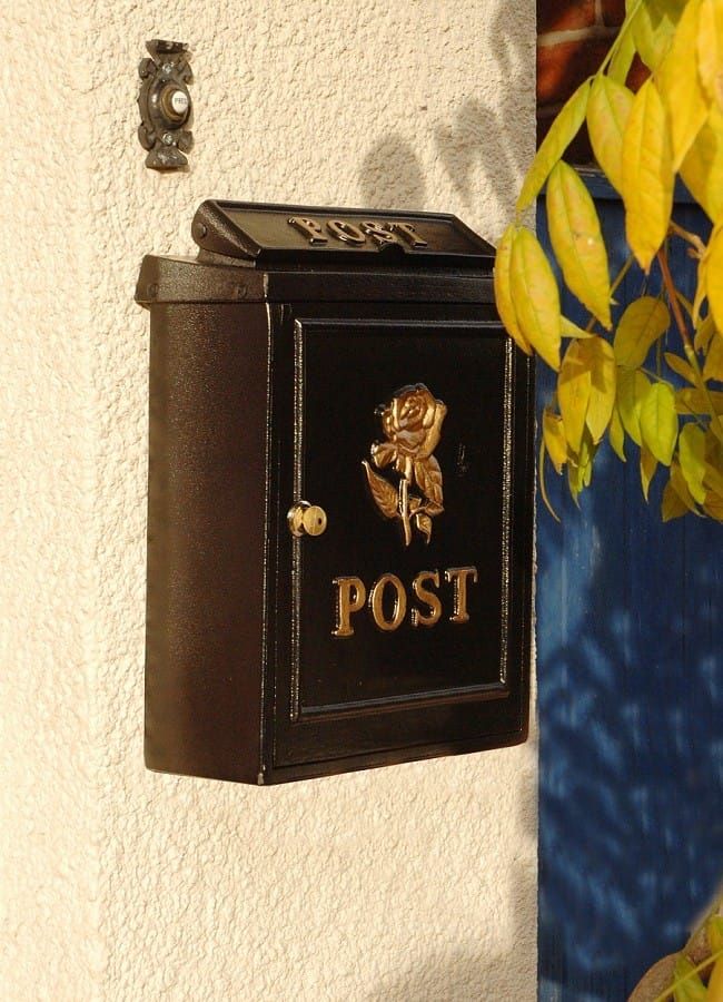 Tudor Rose Motif Polished Brass Post Box - On Wall
