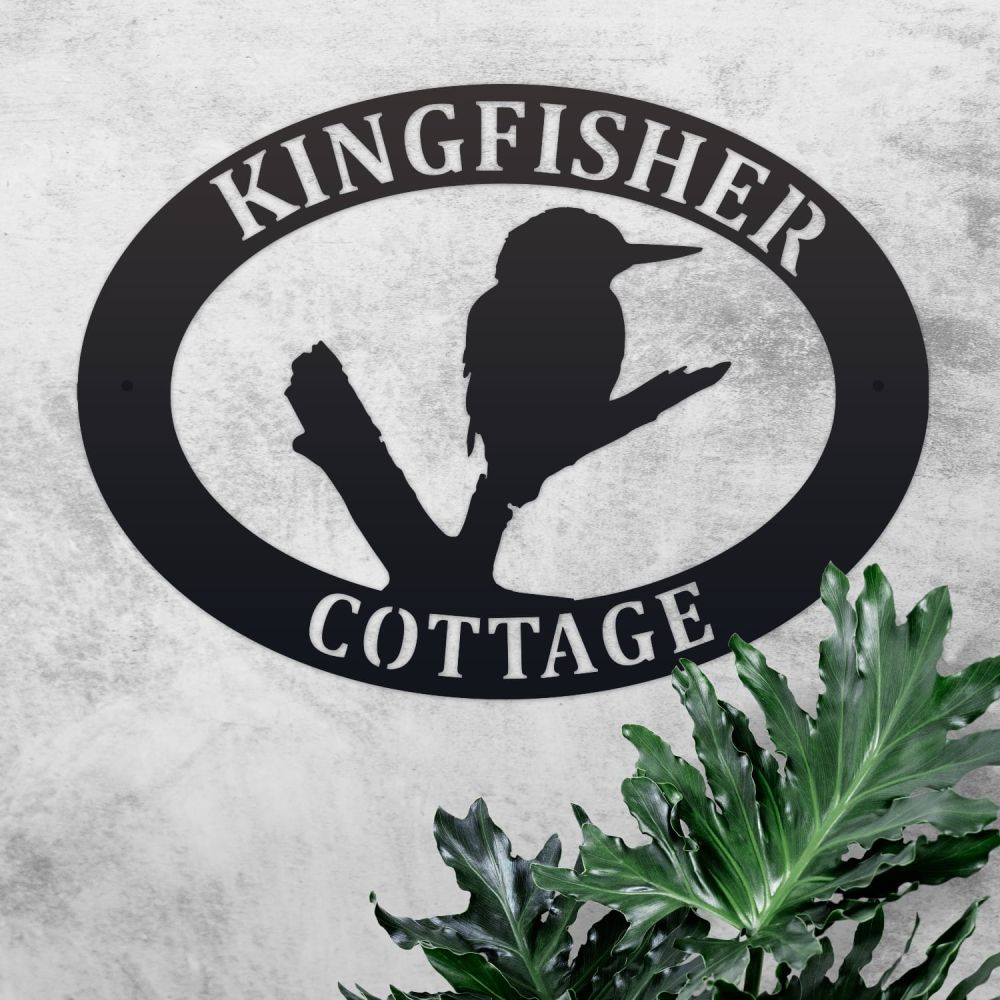 Kingfisher Oval House Name Sign On a Rustic Background