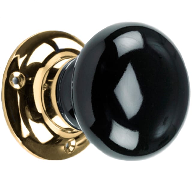 Ceramic Door Knob In Midnight Black & Polished Brass