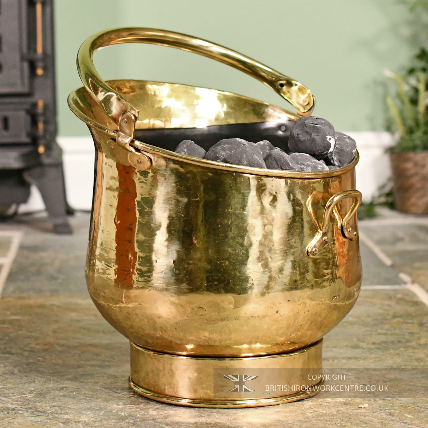 Large Brass Hammered Effect Fireplace Fuel Bucket
