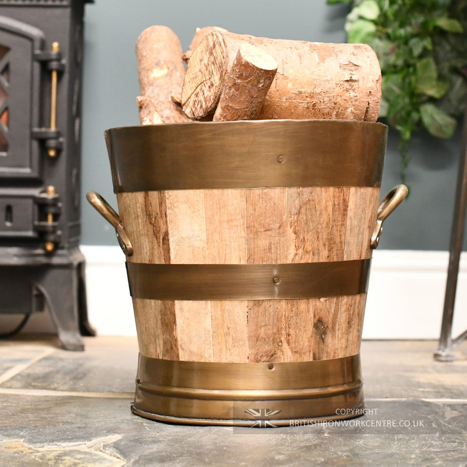 Small Bronze and Wooden Fireside Log Bucket