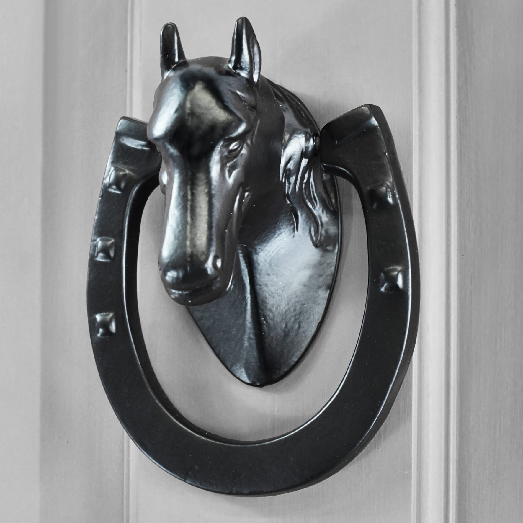 Black Iron Horse Shoe Door Knocker on Door Close Up