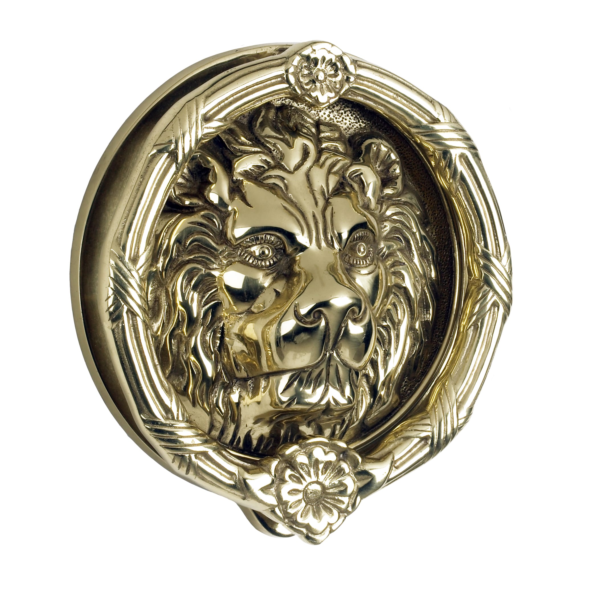 Large Ringed Polished Brass Lion Door Knocker