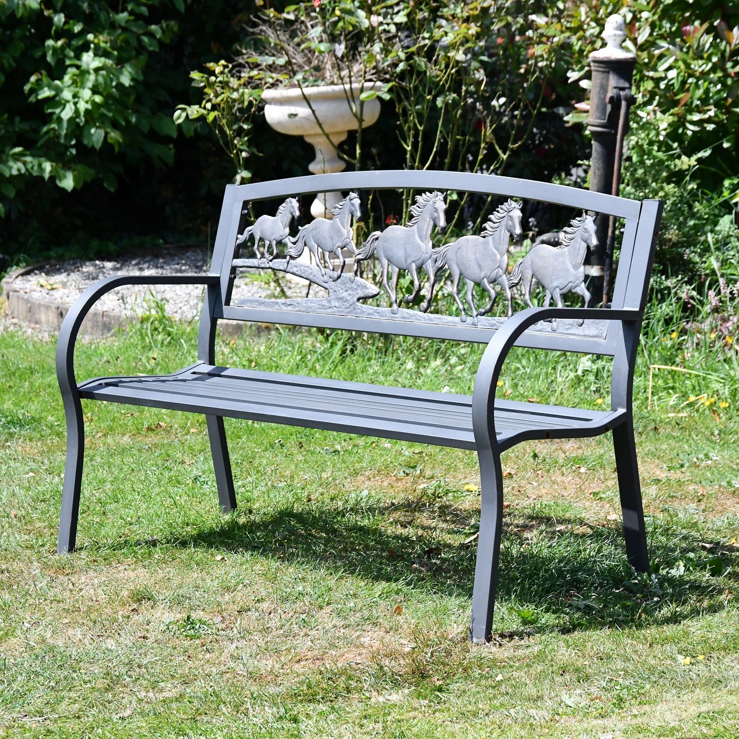 Cast Iron & Steel Running Horses Garden Bench