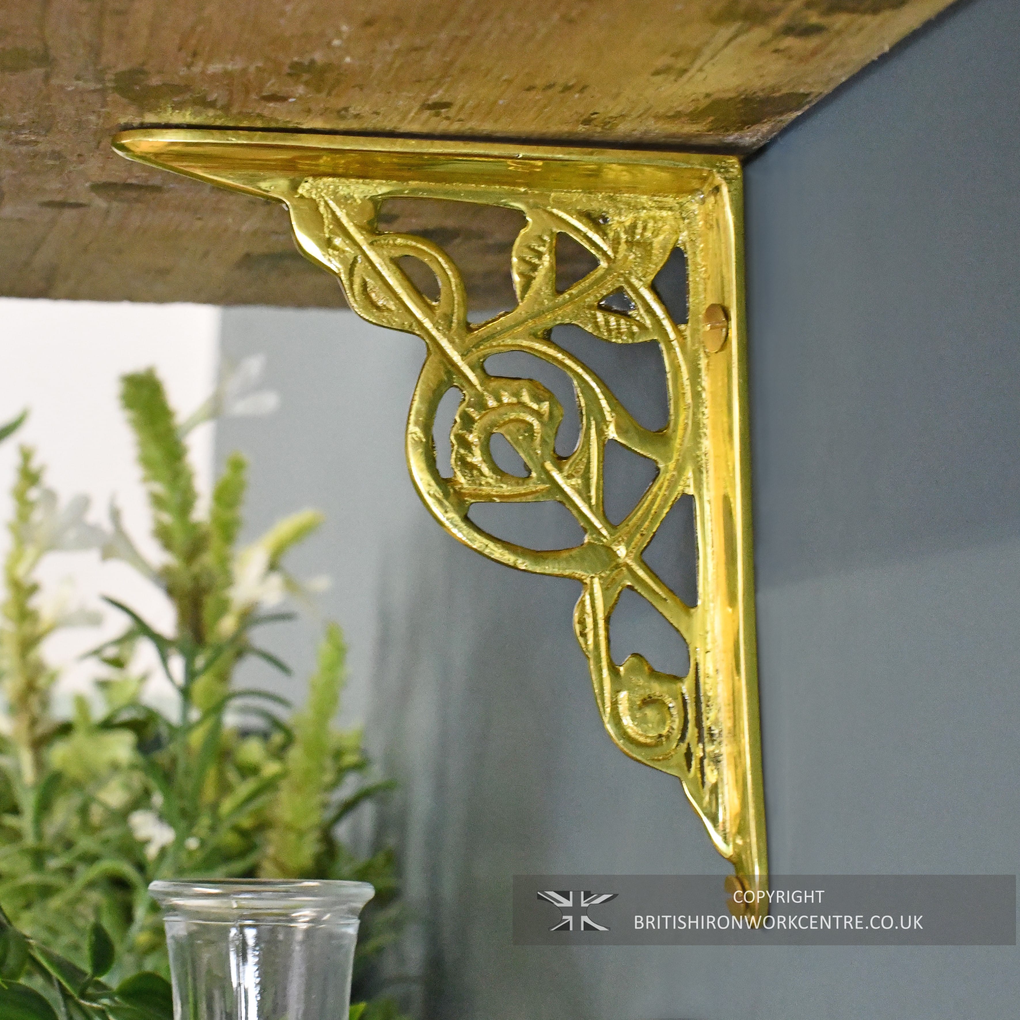 Polished Brass Rose Bud Ornate Shelf Bracket