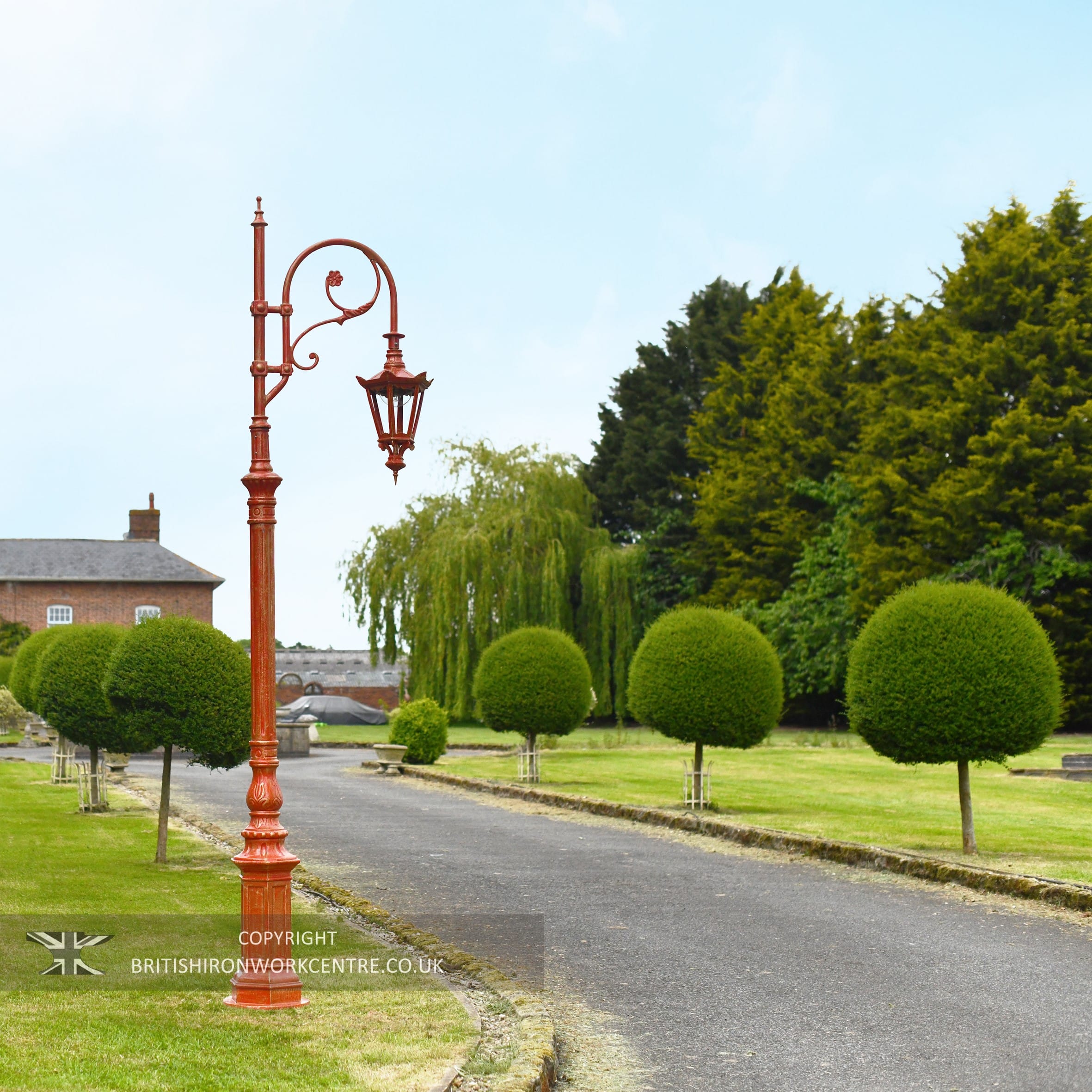 Antique Red Ornate Swan Neck Cast Iron Lamp Post - 2.5m