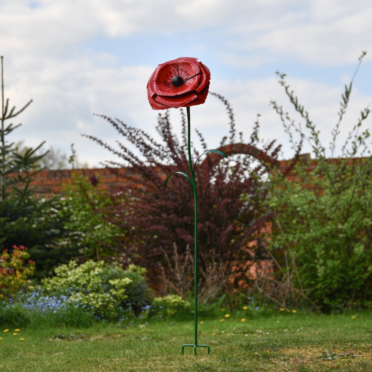 Poppy Flower Garden Sculpture with Spike - Large