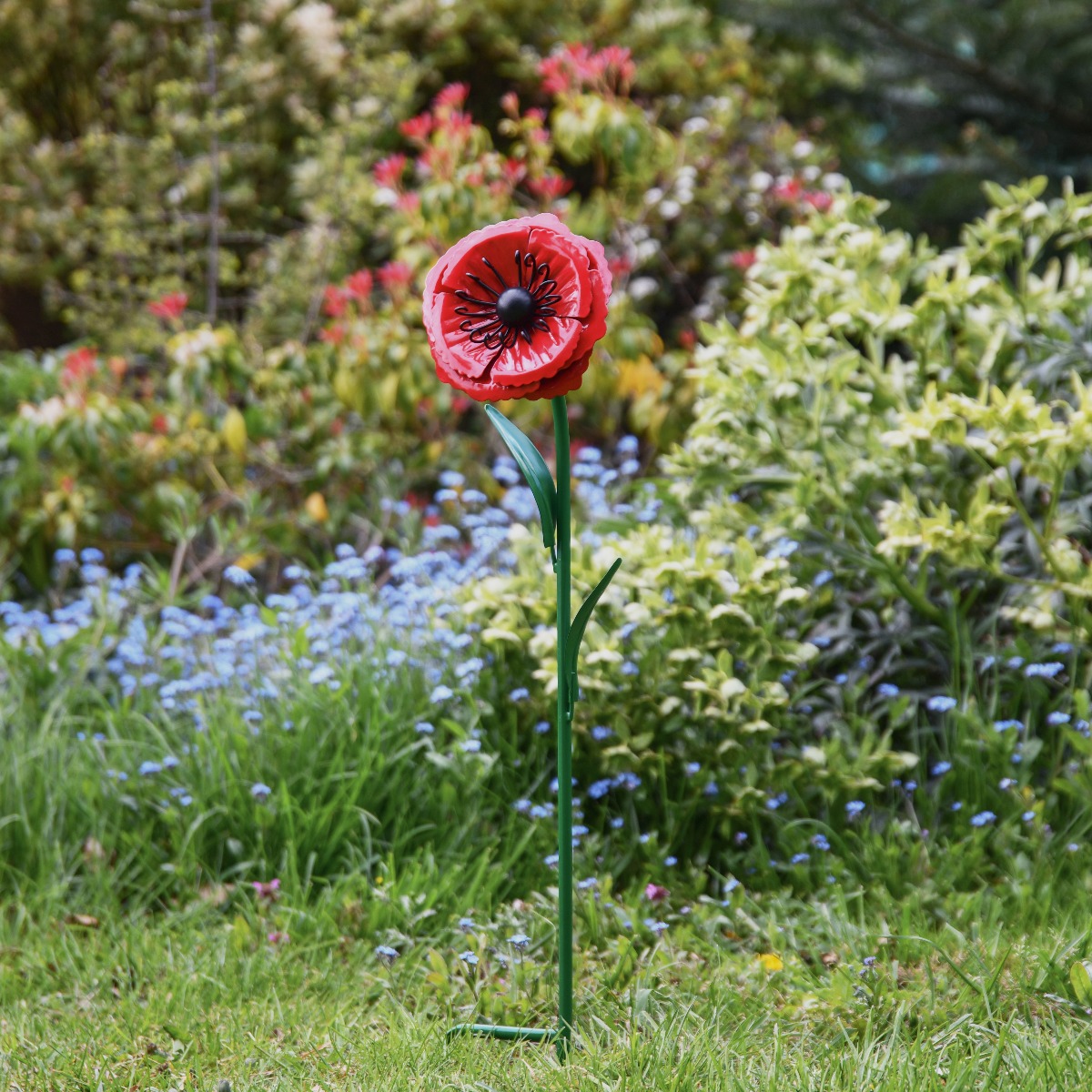 Poppy Flower Garden Sculpture with Spike - Small