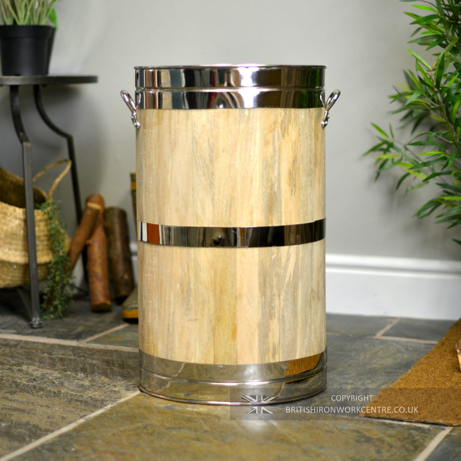 'Halmstad' Polished Steel And Wood Log Basket