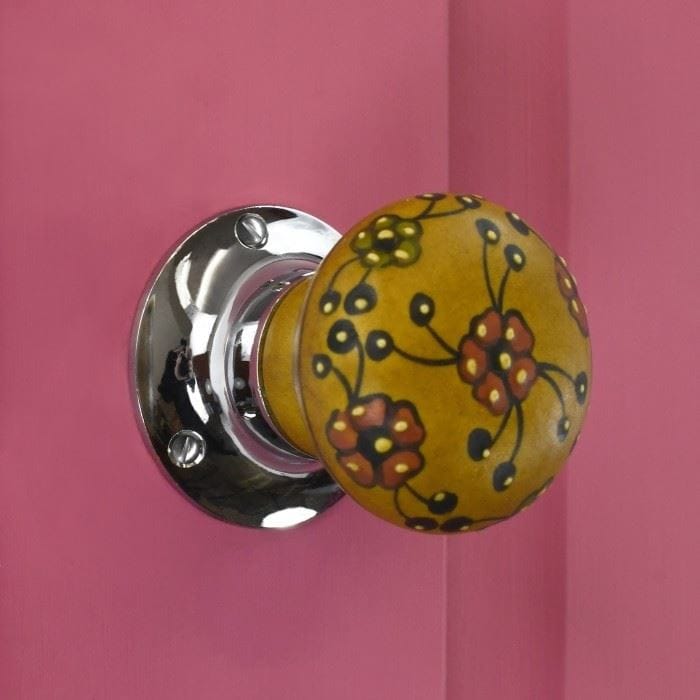 Contemporary Brown & Red Flower Door Knob with Chrome Back Plate