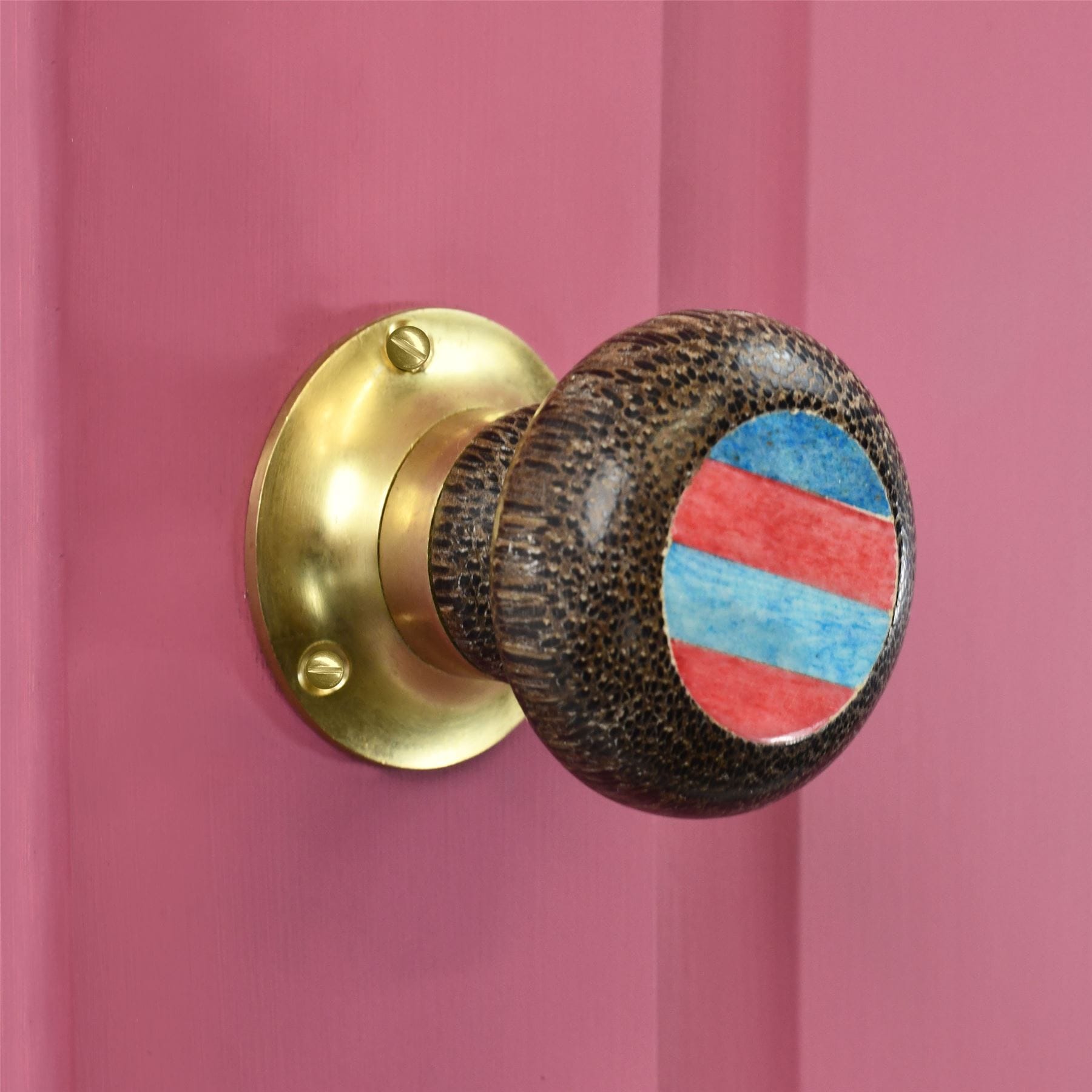 Blue & Red Striped Polished Brass Door Knob