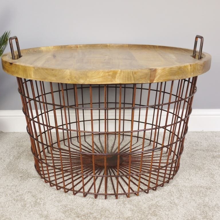 Large Basket Side Table with Wooden Top