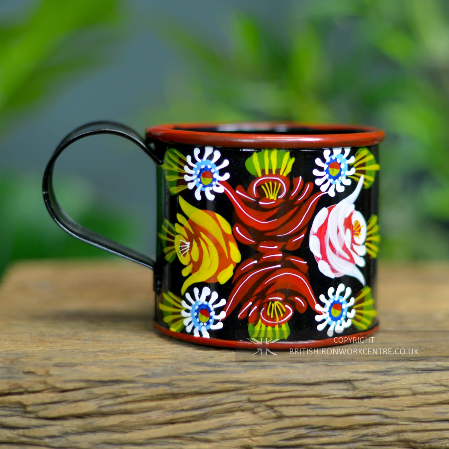 Black Floral Narrowboat Style Hand Painted Mug