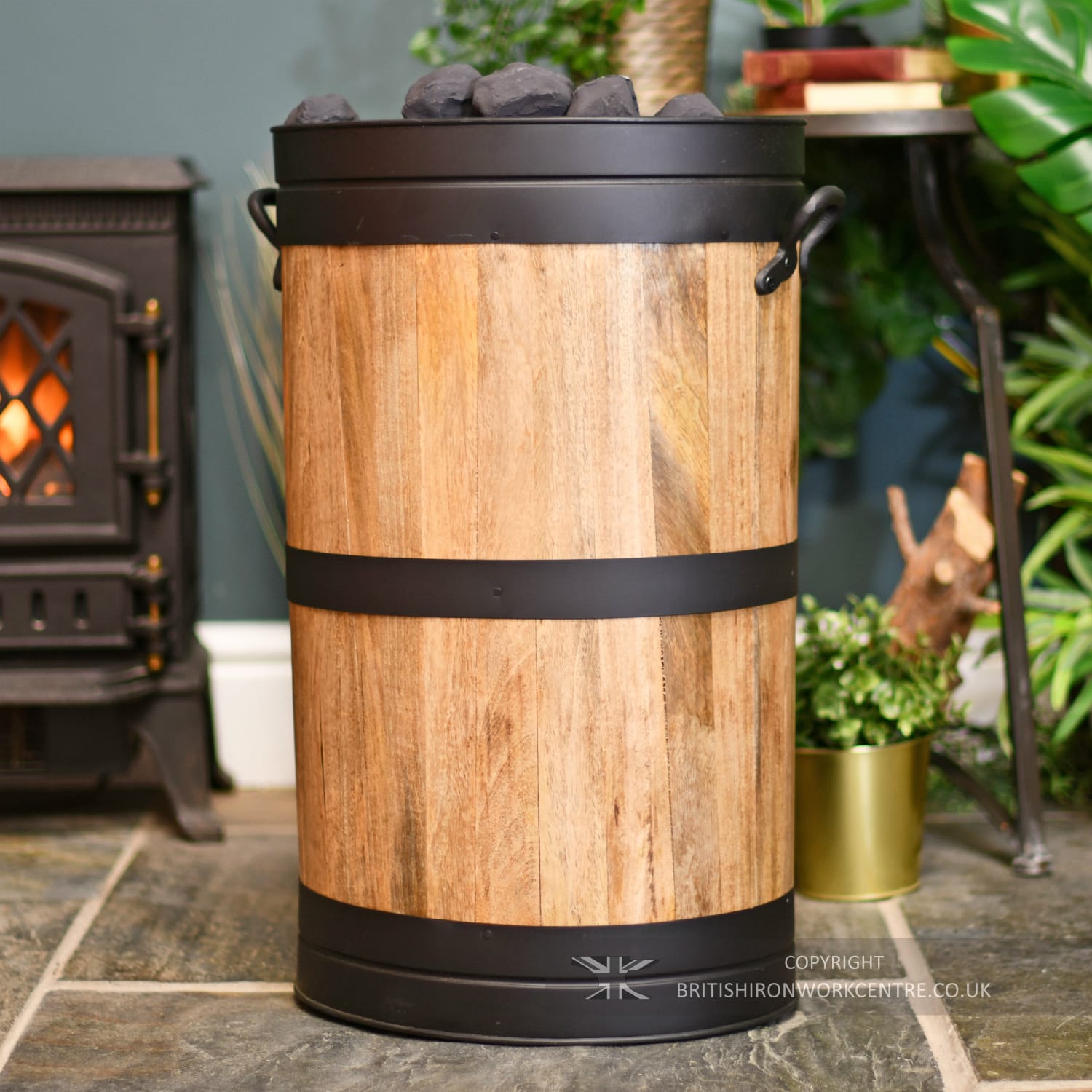 'Halmstad' Black And Wood Log or Coal Basket