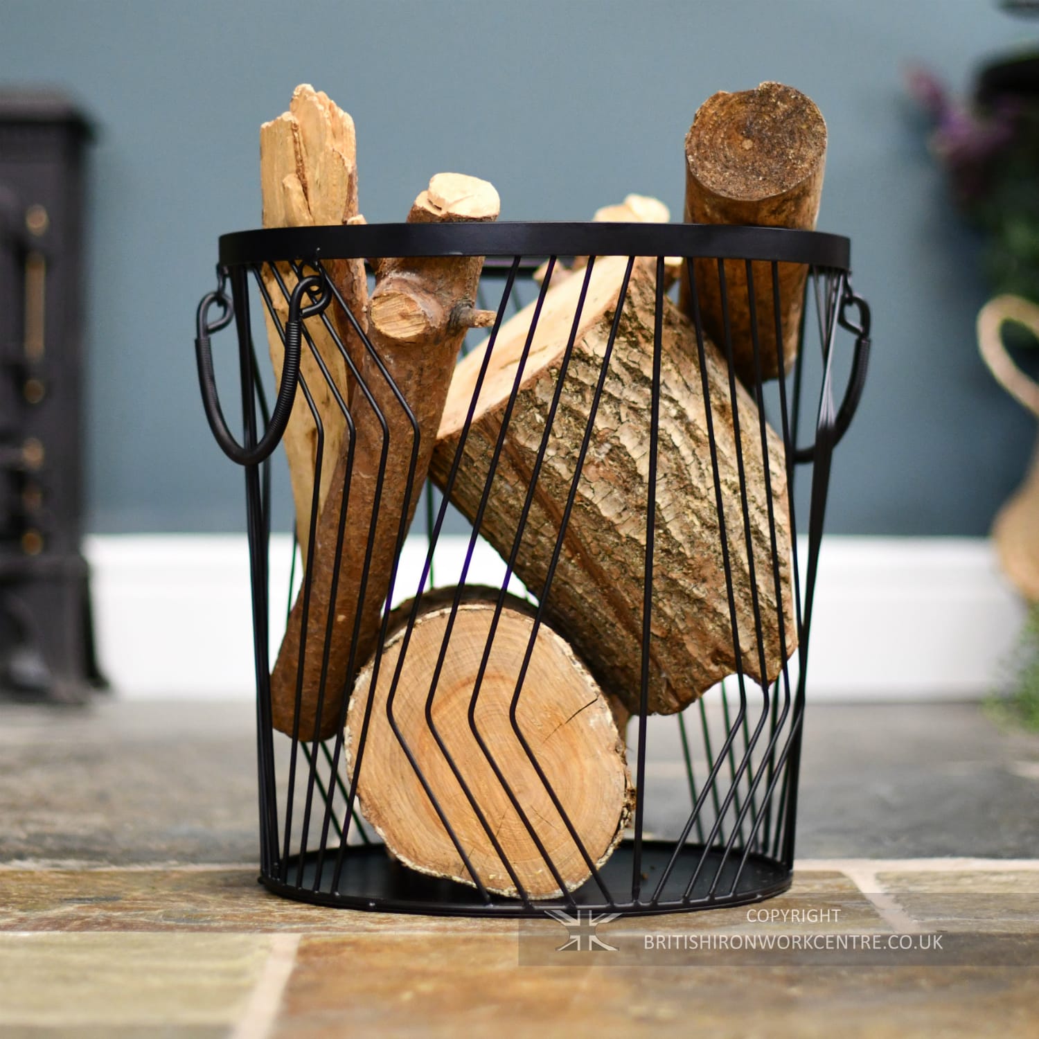 Small Black Wire Work Design Log Basket