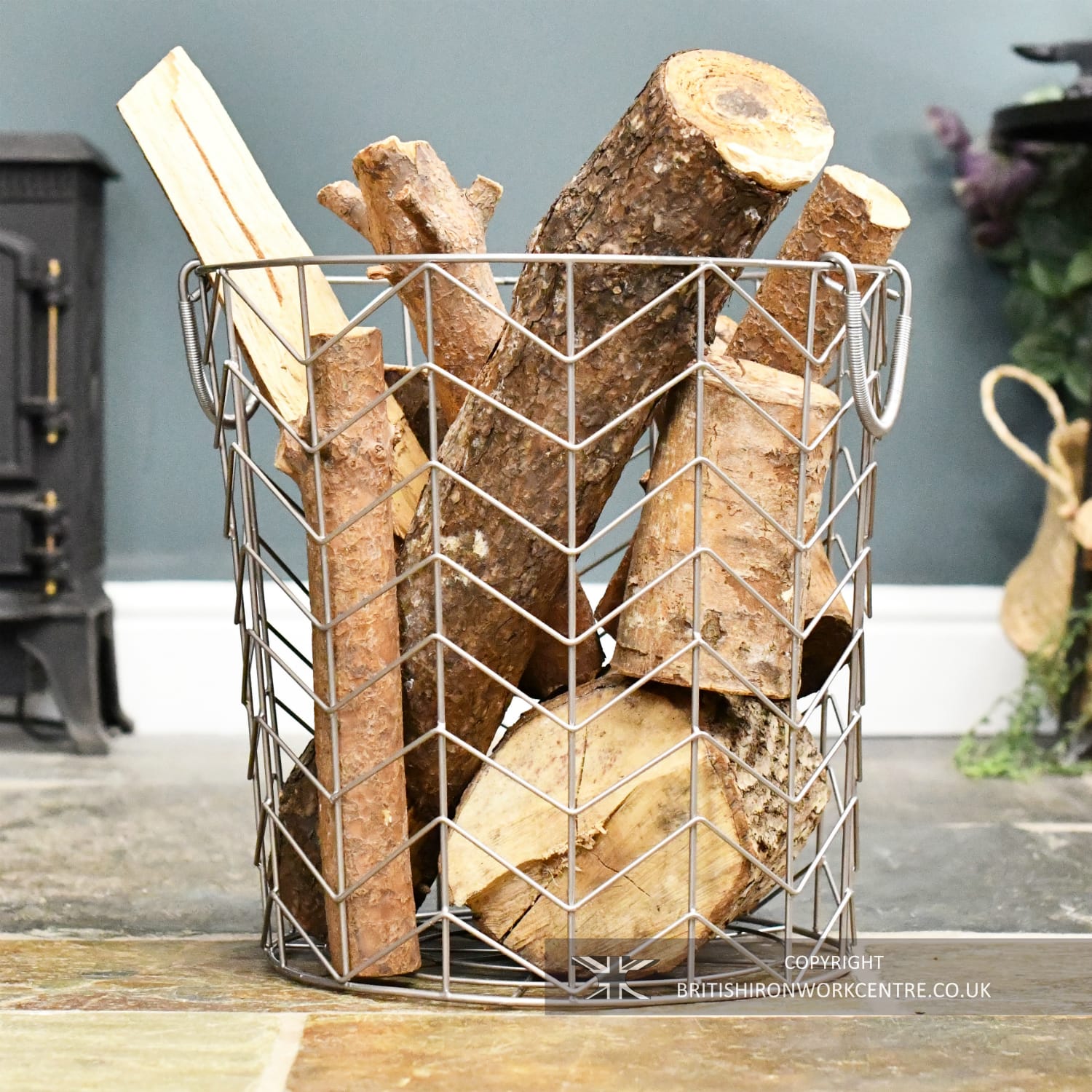 Medium Pewter Finish Wire Design Log Basket