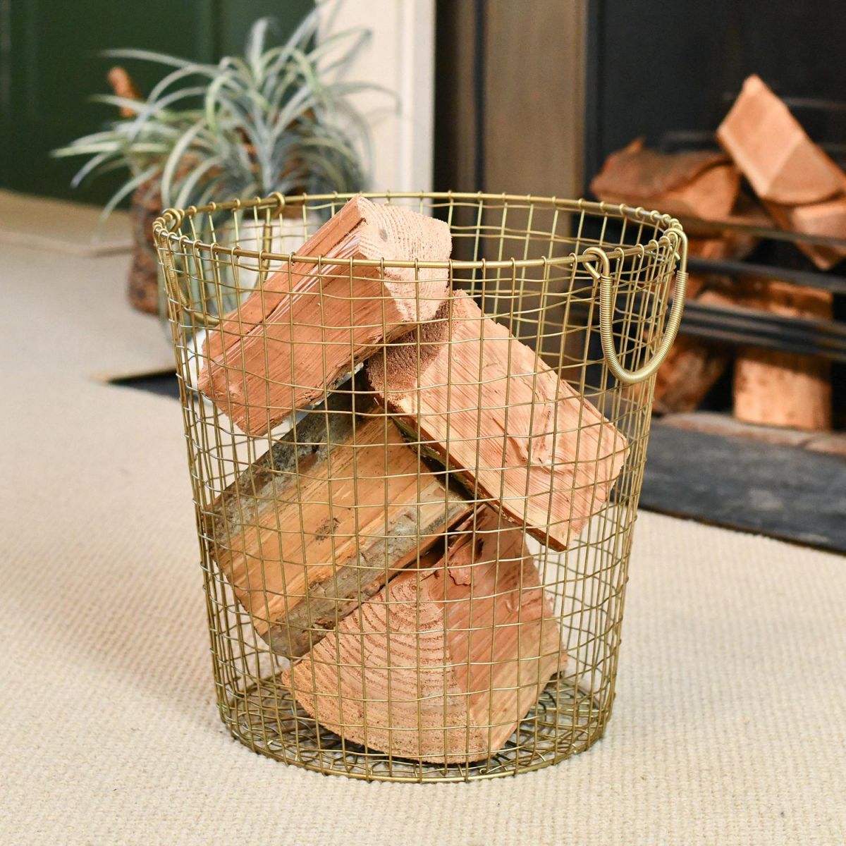 Medium Brass Plated Wire Design Log Basket