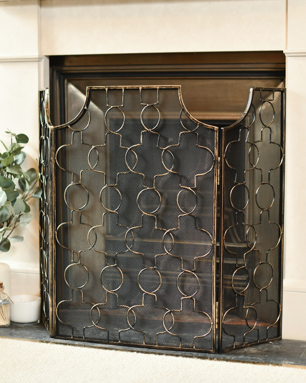 'The Chain' Antique Black and Gold Period Three Fold Fireguard