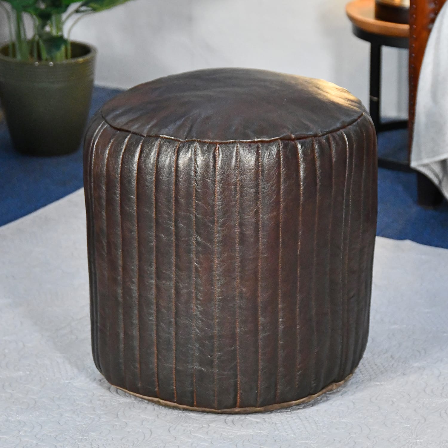 Drummer Tall Leather Round Pouffe