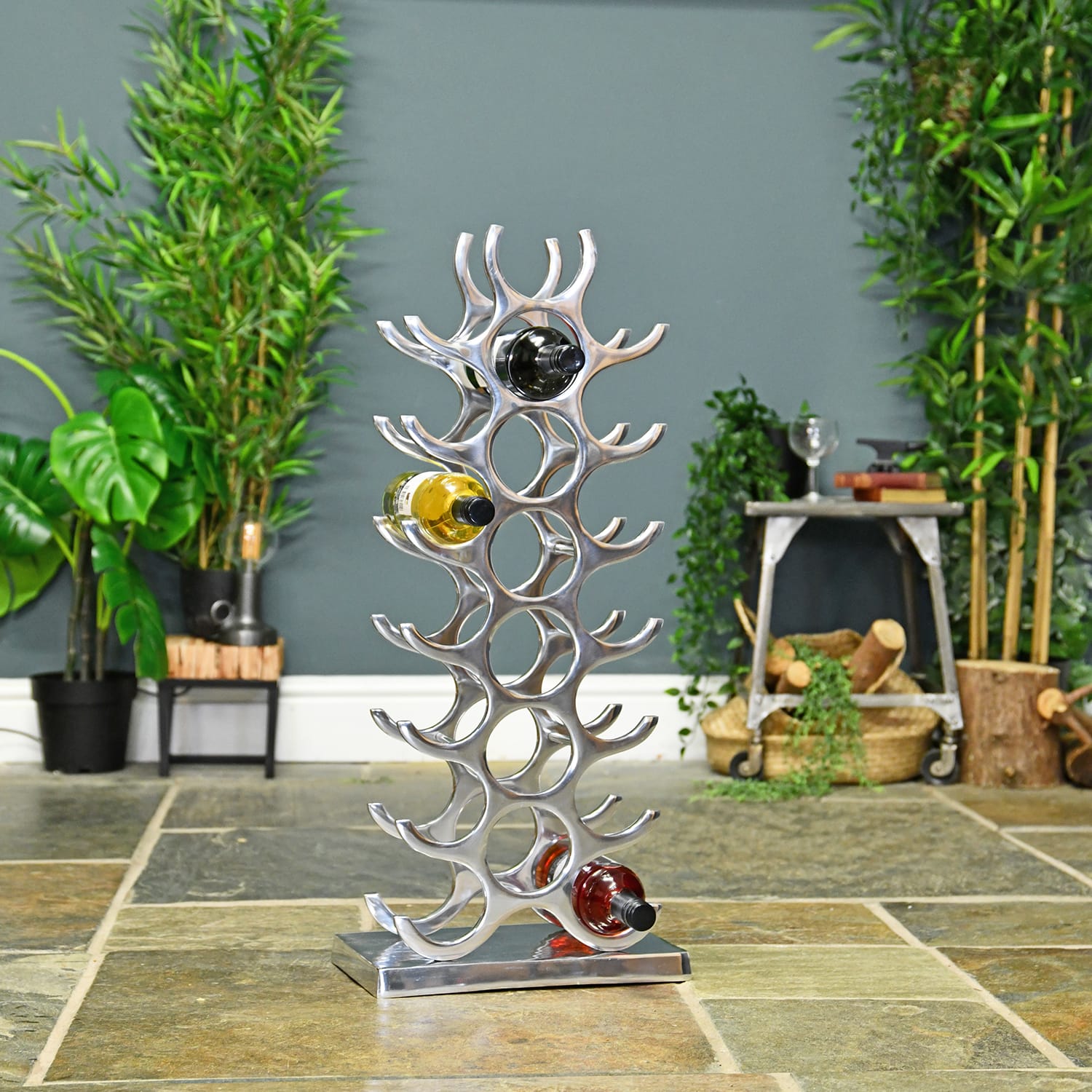 Antique Nickel Contemporary Floor Standing Wine Rack