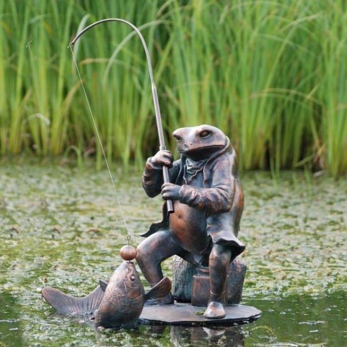 Bronze Fishing Frog Sculpture