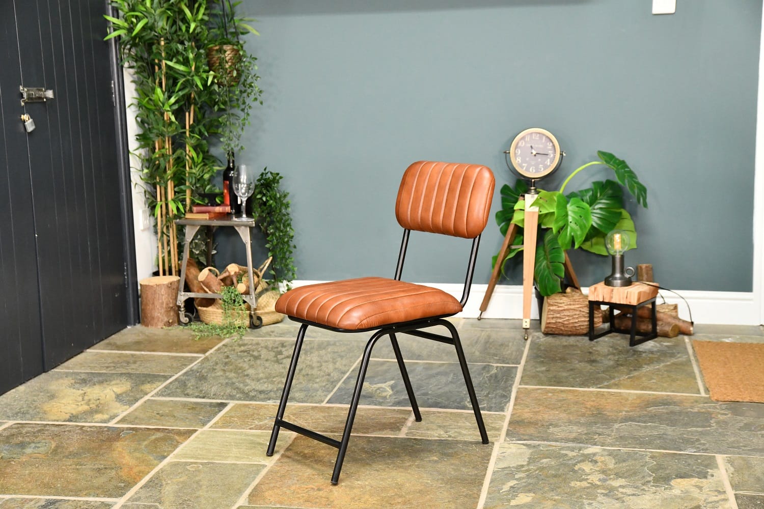 Iron & Dark Tan Goat Leather Dining Chair