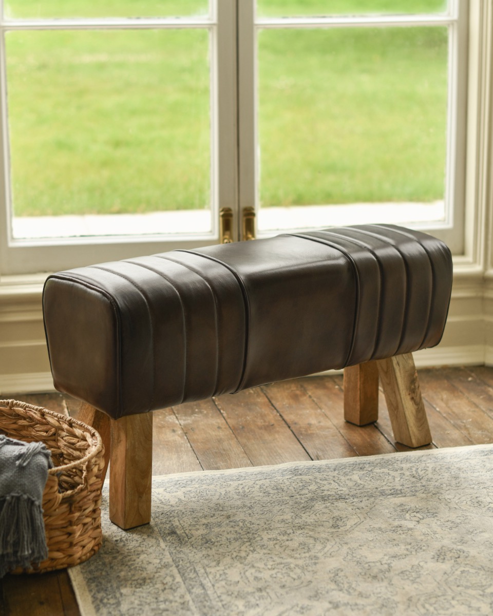 Mango Wood and Tan Leather Bench