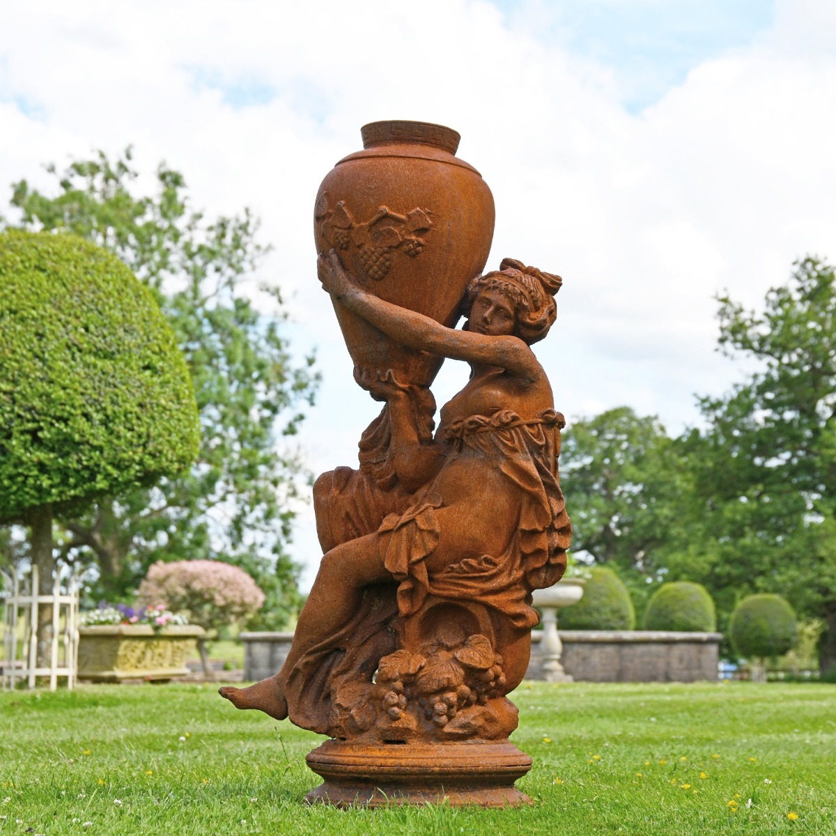 Rustic Cast Iron Greek Lady & Vase Sculpture- Facing Left
