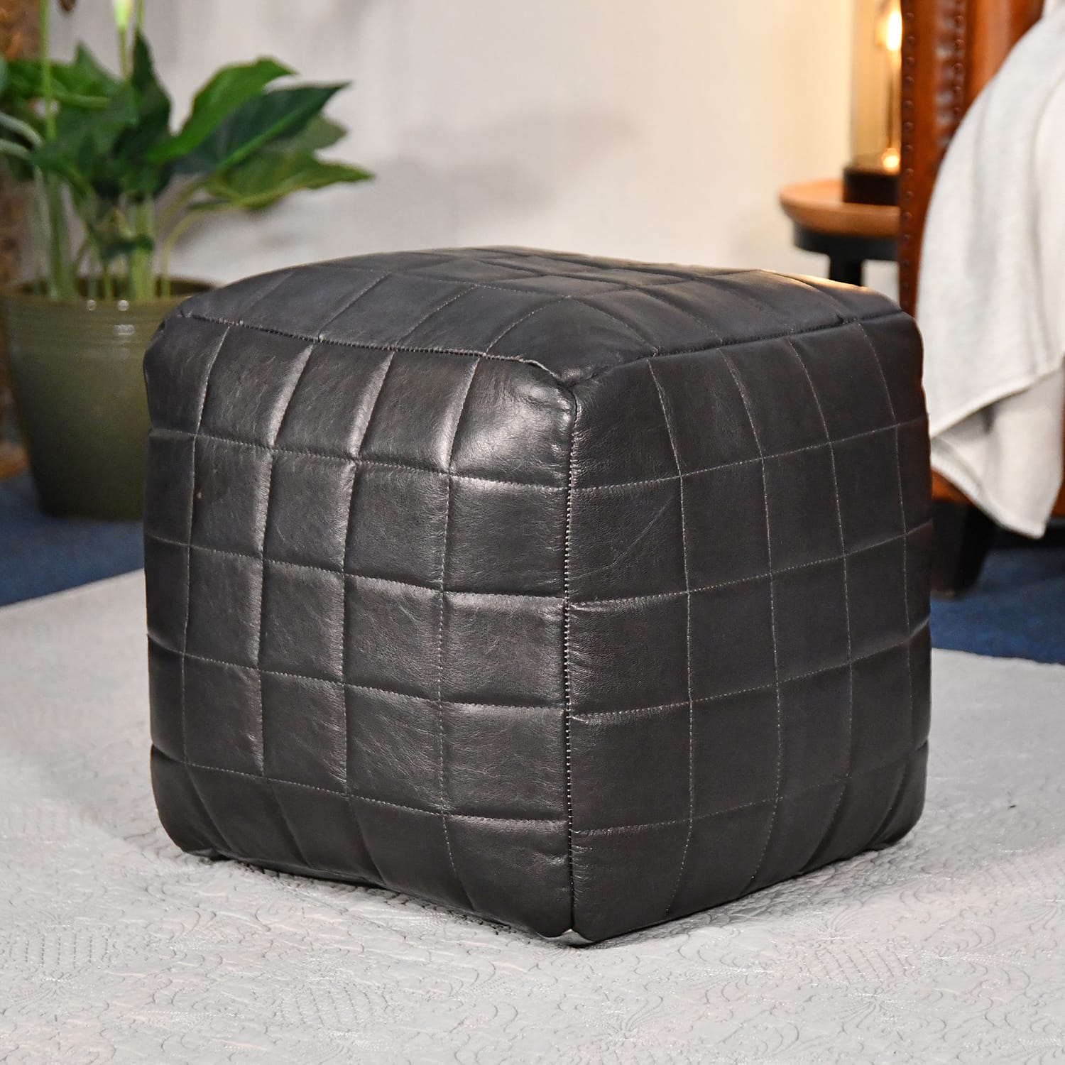 "The Pulford" Black Leather Square Pouffe