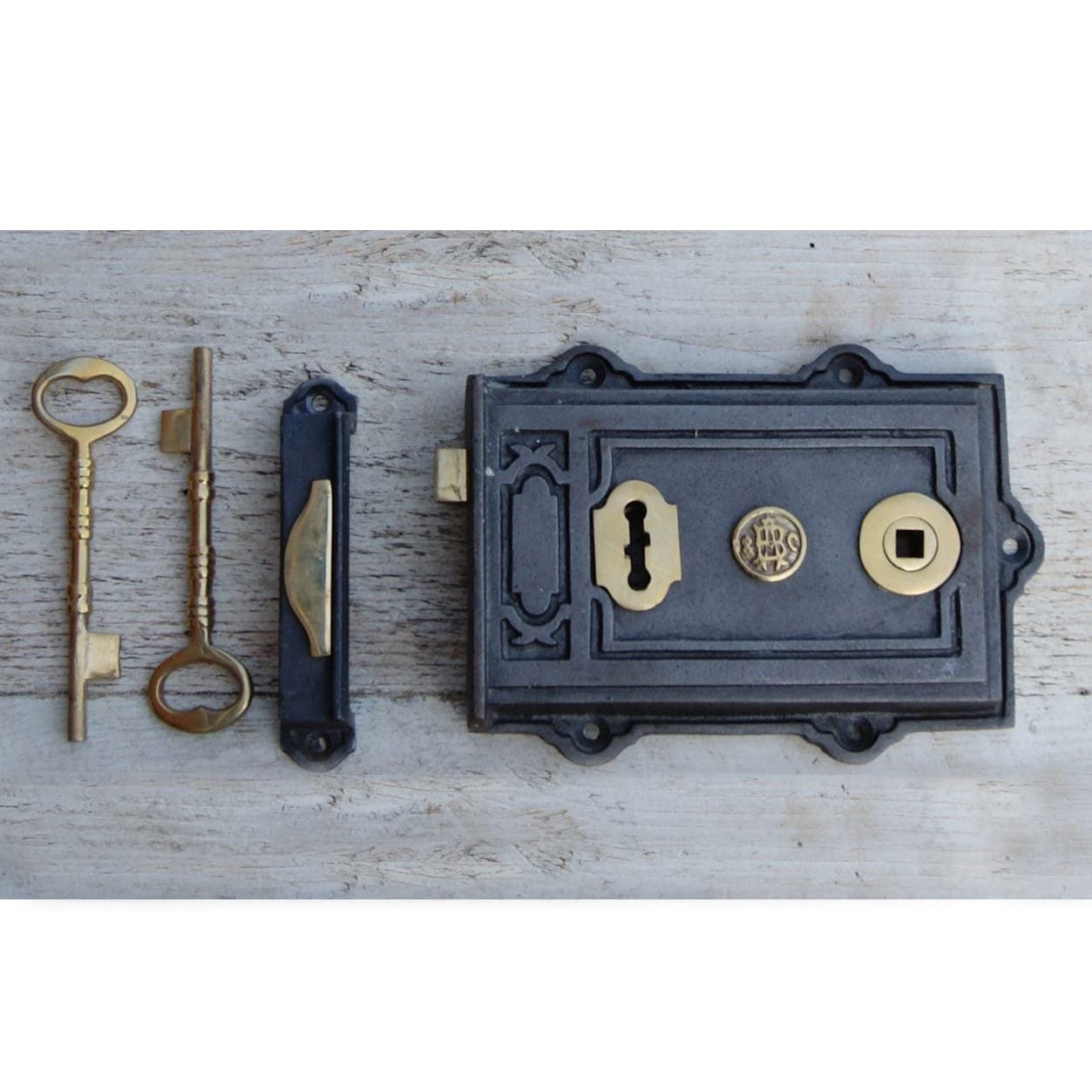 Black & Polished Brass Ornate Rim Lock - 12.5cm